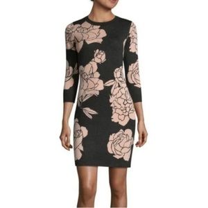 Calvin Klein Floral Print Fit & Flare Sweater Dress  Gray and Pink, Size Large